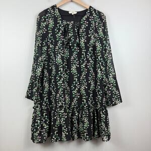Entro Dress Womens Small Black Green Floral Ruffled Tie Neck Long Sleeve Peasant